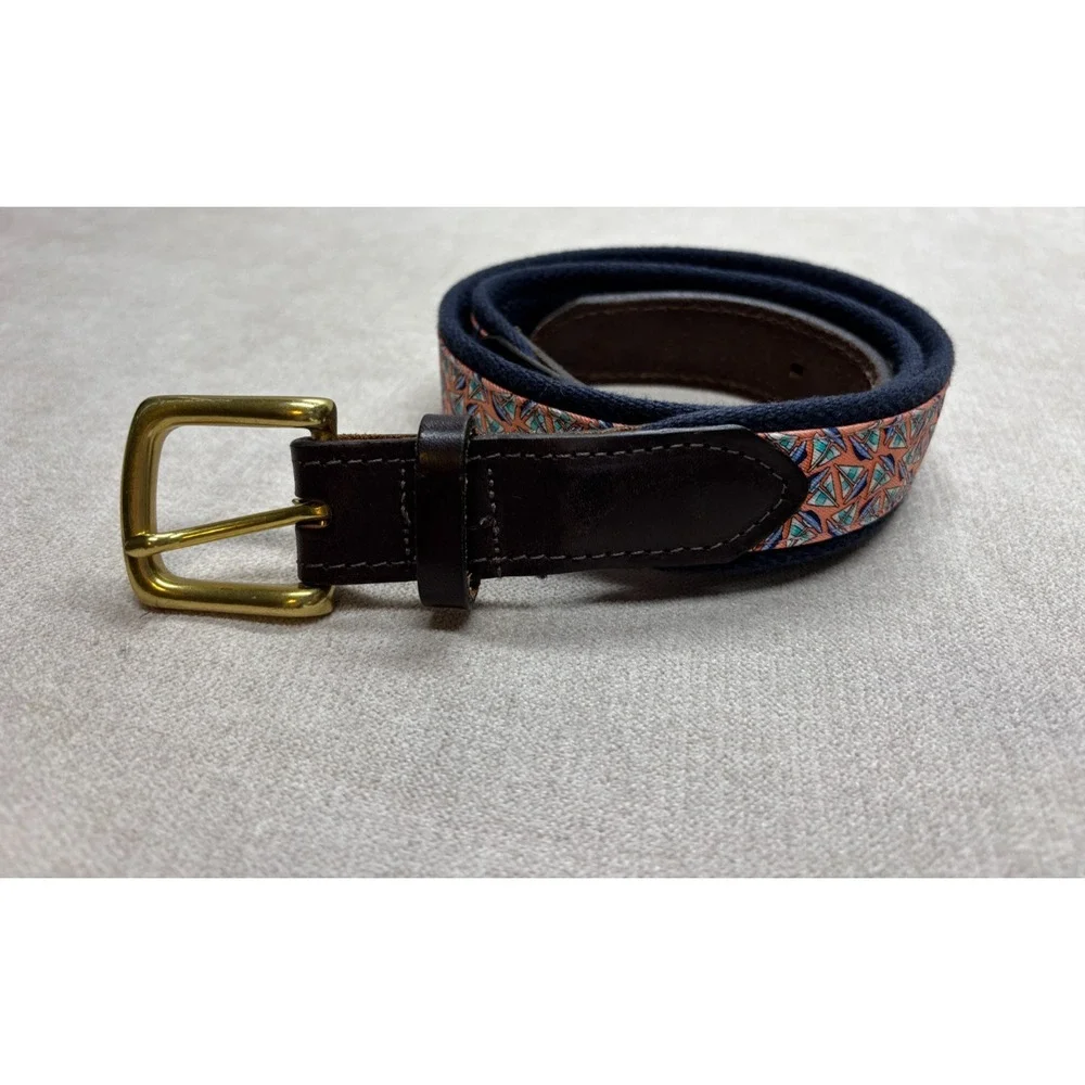 Vineyard Vines Belt Mens 32 Brown Leather Canvas Sailboat Print Pink Blue Brass